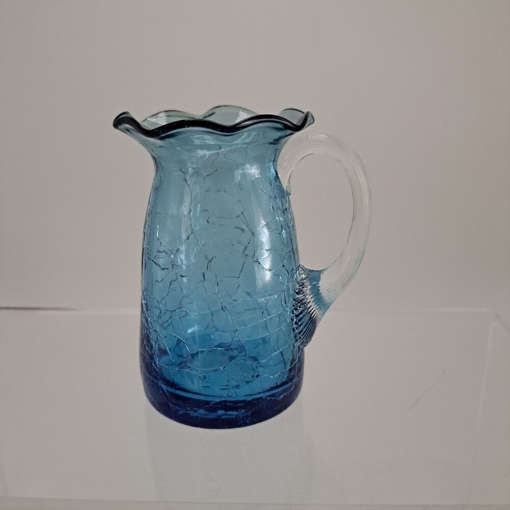 Pilgrim Blue Crackle Glass Pitcher Clear Ribbed Applied Handle